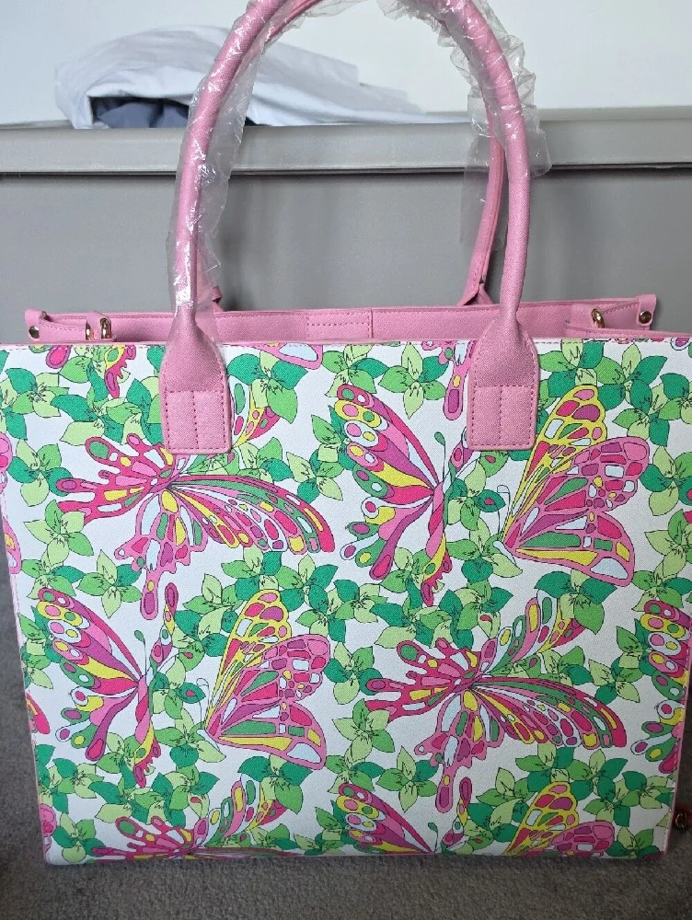 Trina Pink Floral Butterfly Tote Bag with Green Leaf Accents